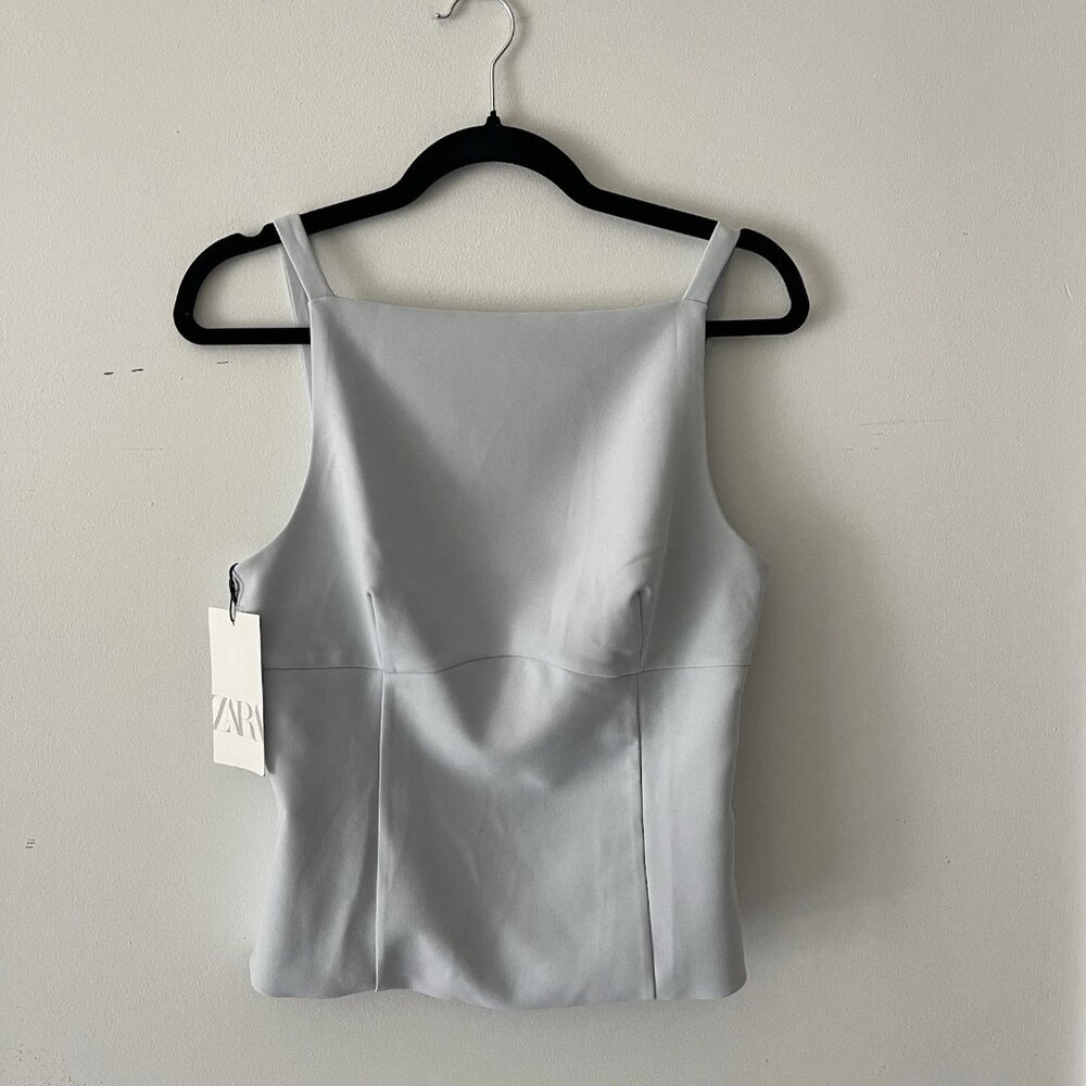 NWT Zara Light Blue Square Neck Coquette Bow Tank Top Size Women’s Medium